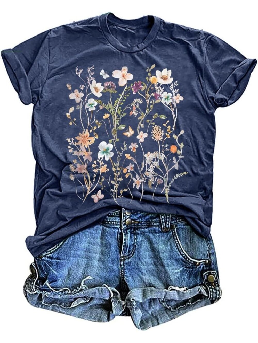 Women's Blue Short Sleeve Imported Wildflower Floral Casual Tops T Shirt